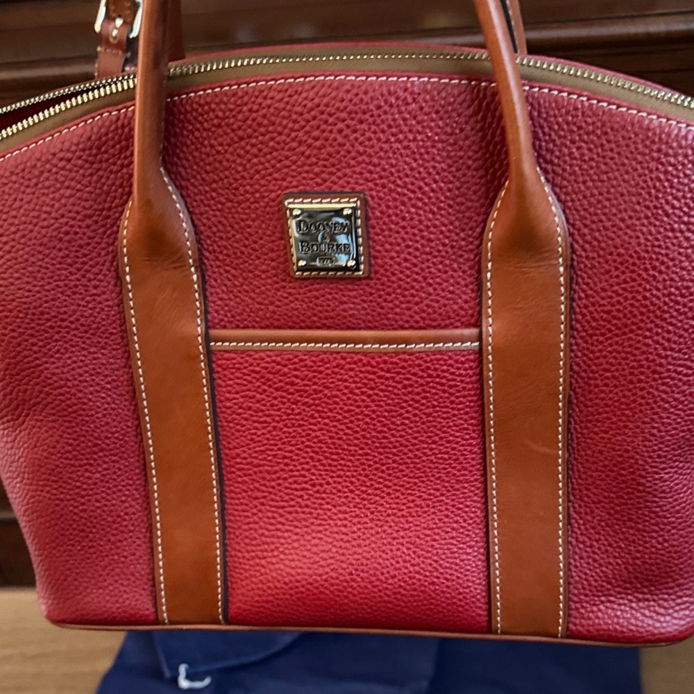 Dooney & Bourke Red Pebbled Leather Shoulder Bag with Brown Trim